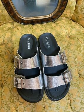 Metallic Silver Guess Birkenstock Style Sandals (7.5)